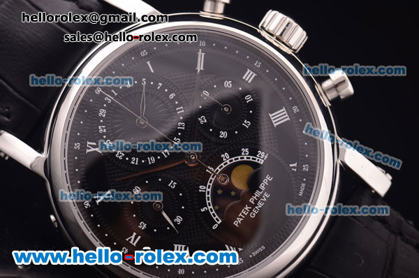 Patek Philippe Chronograph Swiss Valjoux 7750 Manual Winding Movement Steel Case with White Markers and Black Leather Strap - Click Image to Close